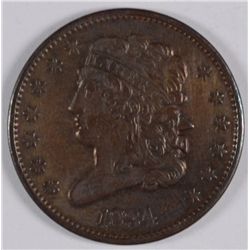 1834 HALF CENT, XF/AU   NICE!