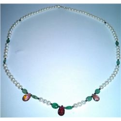 61.15 Ct Necklace of Pearl,Emerald and Tourmaline Sterling 925 Silver