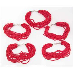 LOT OF 5 CULTURED TIBET RED & SILVER CORAL BRACELETS