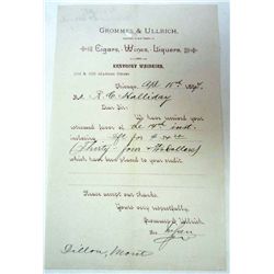 1887 BILLHEAD RECEIPT FOR CIGARS, WINES, & LIQUORS