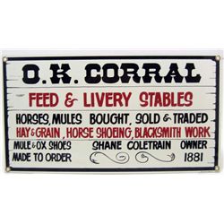 O.K. CORRAL FEED & LIVERY STABLES PORCELAIN METAL SIGN