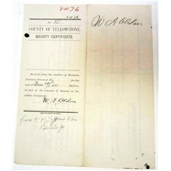 1889 BILLHEAD RECEIPT TERRITORY OF MONTANA BOUNTY CERT.