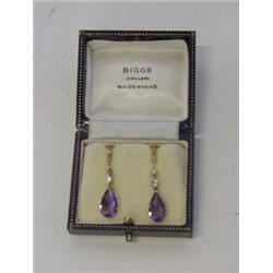 A PAIR OF AMETHYST EARRINGS, pendeloque shape, with diamond drops, (approximately .25 carat weigh