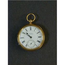 A GENT'S POCKET WATCH, English lever, the enamel Roman dial signed 'H. Morris, Birmingham', 18ct