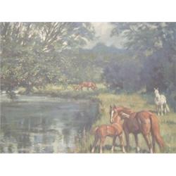 CAWTHORNE, NEIL, horses in a woodland meadow beside a stream, oils on canvas, signed lower right,