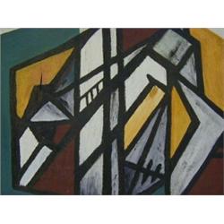 GEAR, W, (attributted), angular abstract composition, black, white, yellow, ochre and olive oils