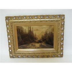 A GILT FRAMED CRYSTOLEUM, European woodland landscape, falls to foreground, signed 'F. Hanfstaene