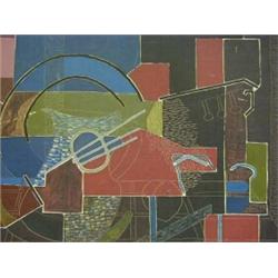 CUSDEN, NORMAN, 'Still Life jug and mandolin', abstract study in sgraffito oils on canvas, monogr