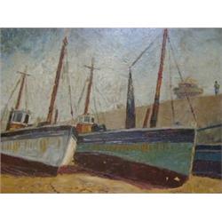 20TH CENTURY SCHOOL, study of fishing boats in dry dock, oils on board, unsigned, framed, 38cm x
