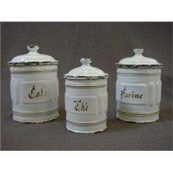 A SERIES OF SIX GRADUATING ENAMEL STORAGE CONTAINERS, 'Sucre', 'Cafe', 'Pates' etc (6)  20-30