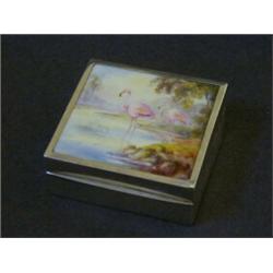 A SILVER TABLE CIGARETTE CASKET, maker S & M, Birmingham 1928, inset Royal Worcester plaque to co