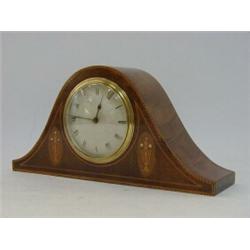 AN EDWARDIAN MANTEL TIMEPIECE, arched mahogany case, harewood, boxwood and mother of pearl parque