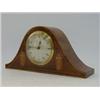 AN EDWARDIAN MANTEL TIMEPIECE, arched mahogany case, harewood, boxwood and mother of pearl parque