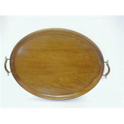 A MAHOGANY OVAL GALLERIED TRAY, twin handles, length 60cm  30-50