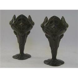 A PAIR OF ART NOUVEAU PEWTER VASES, tapered, stylized relief foliage, height 16cm (2)  30-40