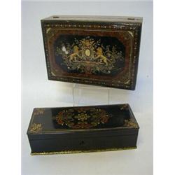 A PAPIER MACHE GLOVE BOX, 19th Century, gilt, iron red and jade coloured decoration, with glove s