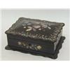 A PAPIER MACHE JEWELLERY CASKET, mid 19th Century, cartouche domed cover with mother of pearl inl