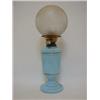 Image 1 : A TURQUOISE OPALINE OIL LAMP, c.1880, urn shape, spherical globe wheel engraved Japanese design o