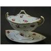 Image 1 : A DERBY DUESBURY PERIOD TUREEN/COVER AND STAND, c.1800, boat shaped, rose painted, iron red facto
