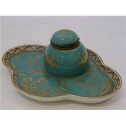 A PARIS PORCELAIN INKSTAND, c.1880, quatrefoil tray, gilt design on a turquoise ground in the Aes