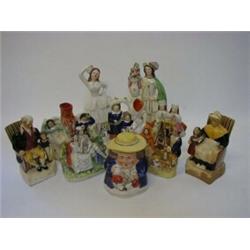 A COLLECTION OF TEN STAFFORDSHIRE, (and related) figure groups, 'Fanny Ostler', 'Babes in the Woo