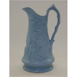 A RELIEF MOULDED STONEWARE EWER, mid 19th Century, mythological scene, sky blue, height 22cm  50-