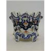 Image 1 : A FAIENCE CACHE POT, Nevers type, blue, olive and iron scrollwork, script mark 'AR', height 11cm