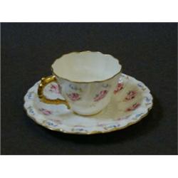 A ROYAL CROWN DERBY SPECIMAN SUP AND SAUCER, c.1900, pink rose heads and Forget-Me-Nots, Register