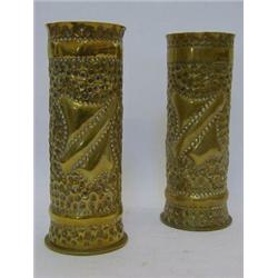 A PAIR OF WWII TRENCH ART VASES, sleeve shape, 'Bapaume' and 'Perroene 1919', height 23cm (2)  20