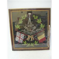 A WWII NAVAL SAMPLER, showing Dreadnought battleship, English and French flags on melton cloth, 4