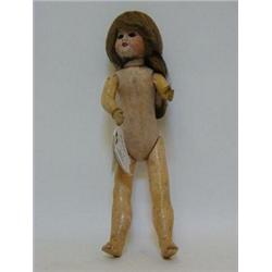 A FRENCH BISQUE HEAD DOLL, brown wig, sleeping eyes, open mouth, jointed limbs, linen dress, nape