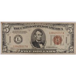 1934 A $ 5 FEDERAL RESERVE NOTE (HAWAII)