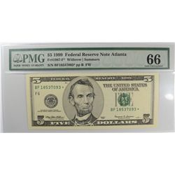 1999 $5 FEDERAL RESERVE NOTE (STAR) PMG 66