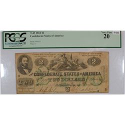 1862 $2 CONFEDERATE STATES OF AMERICA PCGS 20 (VERY RARE)