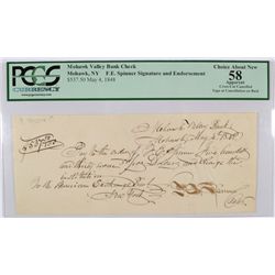 MOHAWK VALLEY BANK CHECK (MOHAWK, NY) F.E. SPINNER SIGNATURE & ENDORSEMENT PCGS