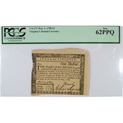 1780 $1 VIRGINA COLONIAL CURRENCY PCGS 62 PPQ