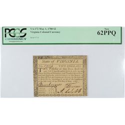 1780 $2 VIRGINA COLONIAL CURRENCY PCGS 62 PPQ