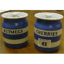 Two small T.G.Green Cornish kitchen ware pots with lids. One labelled "Nutmegs" the other "Cherri