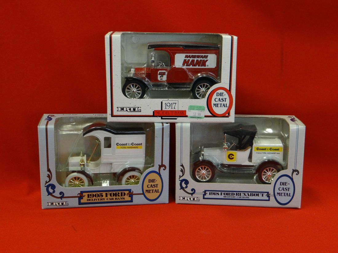 3 ERTL truck banks; 1905 Coast to Coast Ford Delivery car, 1917