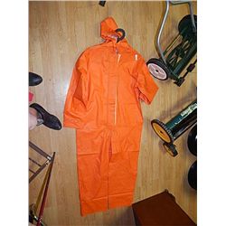 RAIN GEAR - ORANGE JUMPSUIT  WITH HOOD - SMALL RETAIL $100 - BUY NOW IN HOUSE - $35 EA SET