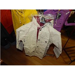 RAIN GEAR - KIDS REVERSABLE RAINCOAT - S CREAM AND PURPLE        RETAIL $20 - BUY NOW IN HOUSE - $10