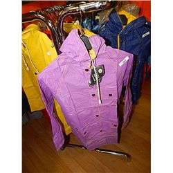 RAIN GEAR - KIDS REVERSABLE RAINCOAT - SIZE 6X PURPLE AND YELLOW           RETAIL $20 - BUY NOW IN H
