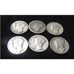 6 Silver Mercury Dimes