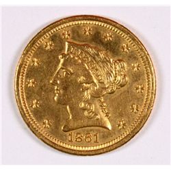 1861-S $2.50 GOLD MS-62 VERY RARE DATE, CIVIL WAR COINS ARE RARE IN HIGH GRADES