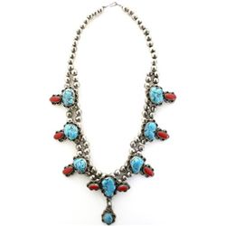 Sterling silver, turquoise  & red coral necklace,