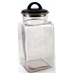 Lidded glass counter jar, front etched Shipley