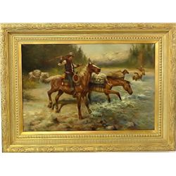 Large oil on canvas painting depicting cowboys