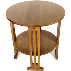 Mission style round oak table branded Stickley