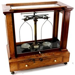 Antique cased balance beam scale marked Henry