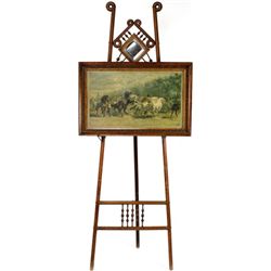 Antique stick and ball easle with period litho